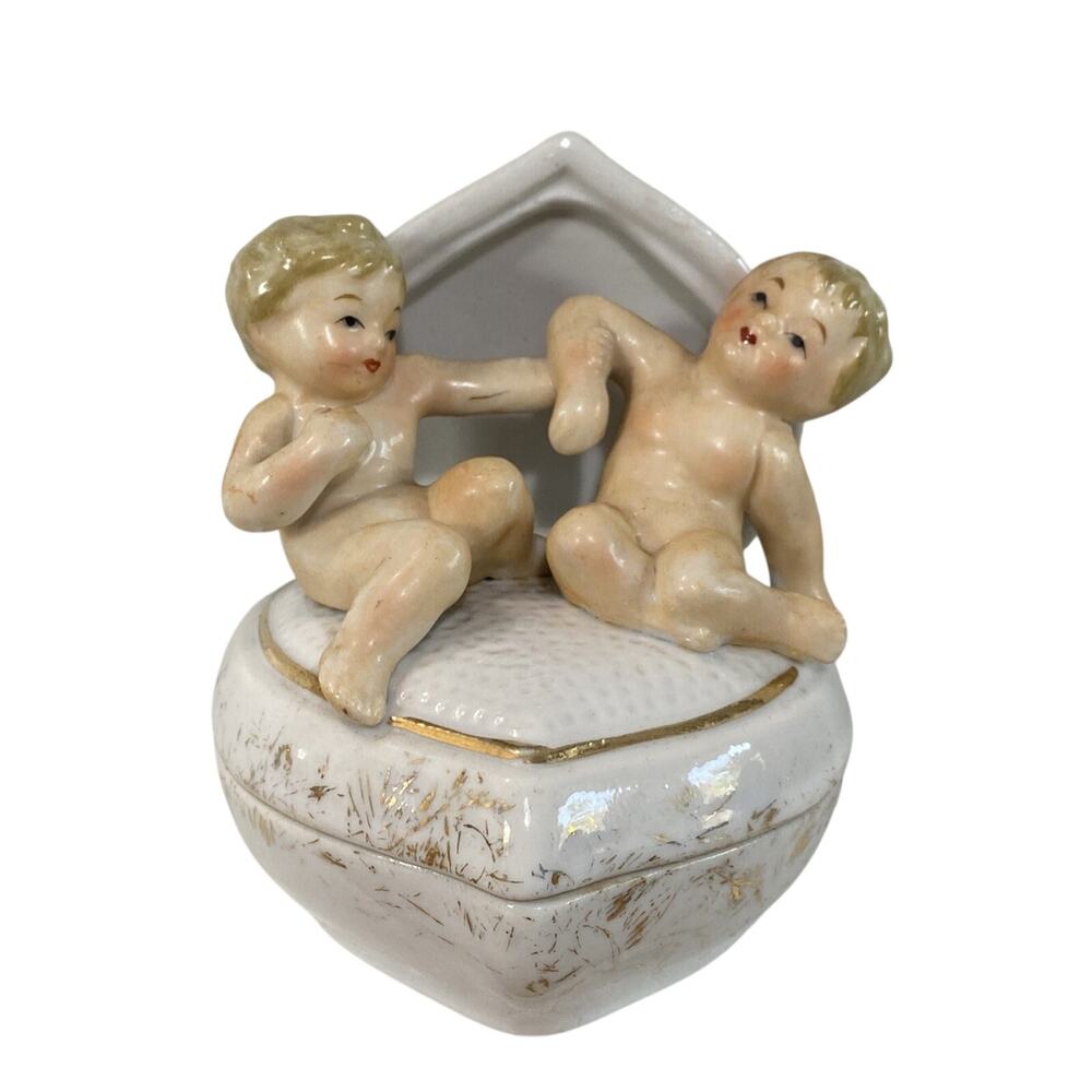 Vintage Ucago Japan Cherub Heart Lidded Trinket Box